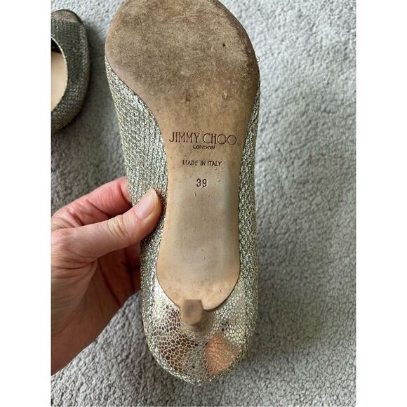 EUC Jimmy Choo Isabel Champagne Glitter Peep-Toe Pumps, Sz 39, $795 - Picture 11 of 11